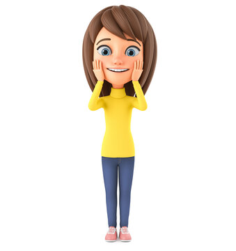 Cheerful smiling cartoon character girl is happy with a surprise on a white background. 3d render illustration for advertising.