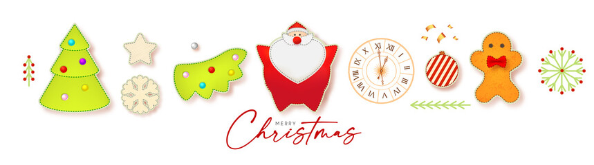 Naklejka na ściany i meble Cute Christmas elements set with Santa Claus, fir tree, clock, gingerbread man, garland and toys