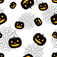 Seamless pattern with black pumpkins and psider webs on white background. For gift paper, textiles, clothes, social networks, wallpaper, prints, festive decor