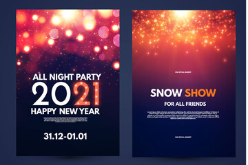 Happy new 2021 year flyer design template set with lights and bokeh effect