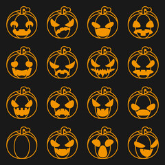 Pumpkin icons set halloween decoration scary faces smile emoji lineart design vector illustration