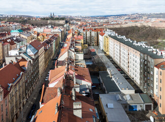 Aerial view of Prague city residential neighborhood with long stretching roads.