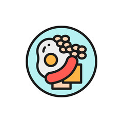 Traditional english breakfast, fried eggs with sausages flat color line icon.