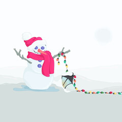 Cartoon snowman with red hat and scarf, lantern and lights template. Christmas vector illustration for games, background, pattern, decor. Children's story book, fairytail. Print for fabrics