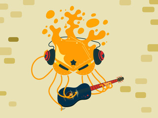 The orange octopus is practicing to play the guitar 
carefully. (Vector)	
