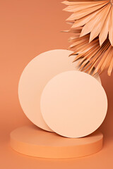 Luxury circle podium with palm leaves and frames on orange background. Concept scene stage showcase, for product, promotion, sale, banner, presentation, cosmetic. Minimal showcase mock up concept.