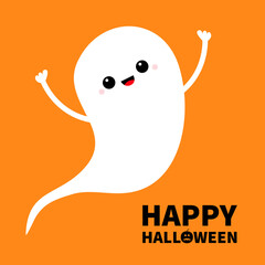 Happy Halloween. Flying ghost spirit holding hands up. Boo. Cute cartoon kawaii spooky baby character. Scary white ghosts. Smiling face. Greeting card. Orange background. Flat design.