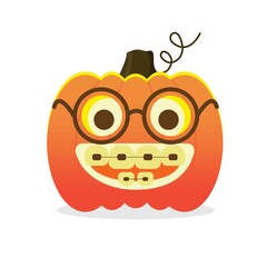 Large orange pumpkin with braces and glasses on a white background. Vector. Halloween symbol. Symbol of all saints day