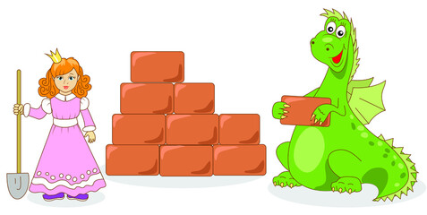 The Princess and the dragon build a tower of stones and bricks. A fairytale story. Dragon green Princess in pink. Princess with a shovel in her hand.