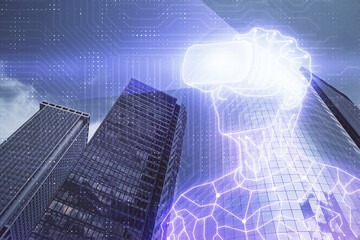 Double exposure of AR people drawing and cityscape background. Concept of augmented reality.