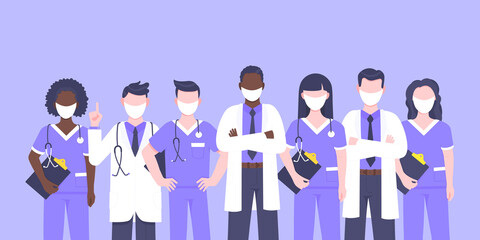 Doctor team medical staff with face masks clinic employee vector illustration isolated on blue background. Hospital or medical clinic staff doctor, surgeon, nurse standing up with equipment.