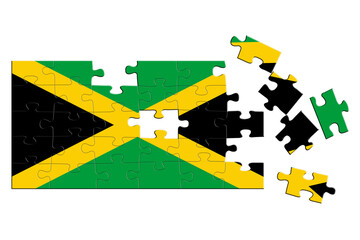 A jigsaw puzzle with a print of the flag of Jamaica, some pieces of the puzzle are scattered or disconnected. Isolated background. 3d illustration