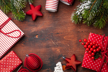 Christmas gift boxes packaging, paper rools, decor and fir tree