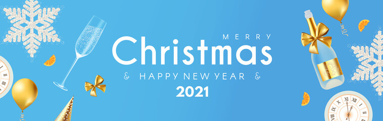 Merry Christmas and Happy New 2021 Year poster template with 3D realistic champagne glasses, snowflakes, clock and balls. Holiday header design