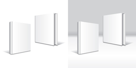 Blank white hardcover book mockup template 2 types front side. Isolated on white background and gray background with shadow. Ready to use for your business. Vector illustration.