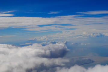 Clouds and sky from airplane window view