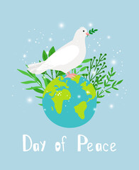 Dove of peace. Religious symbol of hope with olive branch, white pigeon image for christmas or wedding, vector illustration of bird over planet