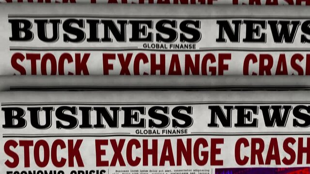Stock exchange crash business news. Newspapers with market crash printing and disseminating animation. Economic crisis and market collapse retro media press production abstract concept.