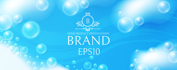 Soap foam on blue background. White transparent lather with bubbles. Fresh and clean product adverticing