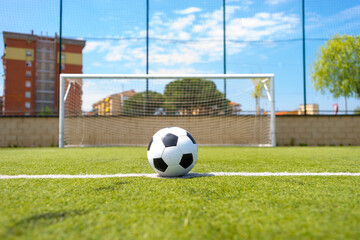 Vintage soccer ball on grassy field against net