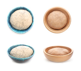 Raw dough in bowls on white background, top and side views