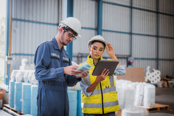 Factory engineer under inspection and checking quality production process on face mask manufacture  station by  wearing casual uniform and safety helmet in factory plantation.