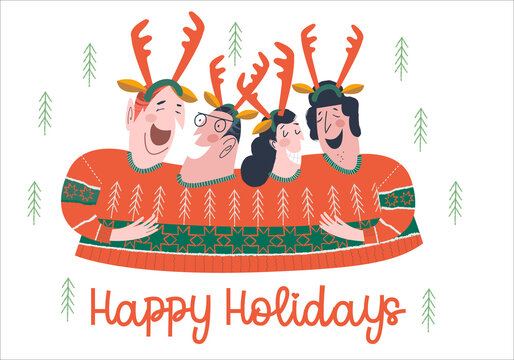 Funny Friends In An Ugly Sweater. Vector Funny Illustration.