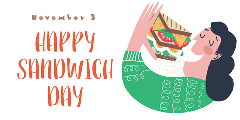 Obraz premium Happy sandwich day. Woman eat sandwiches. Vector illustration, greeting poster, greeting card.
