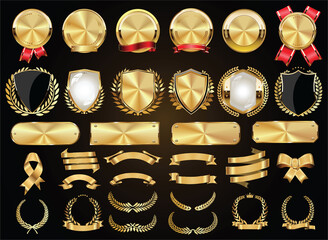 Retro vintage golden badges labels shields and ribbons - 379314817