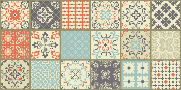  Collection of 18 ceramic tiles in turkish style. Seamless colorful patchwork from Azulejo tiles. Portuguese and Spain decor. Islam, Arabic, Indian, Ottoman motif. Vector Hand drawn background