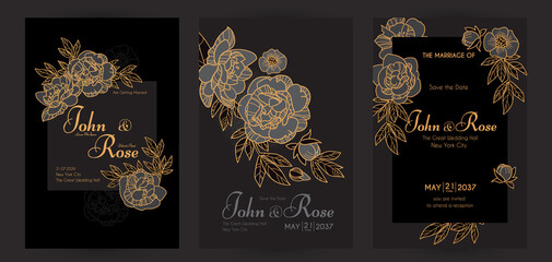 Wedding invitation card set with peony flowers and gold metal effect. Thank you, greeting, birthday, rsvp