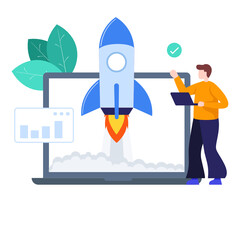 
Rocket coming out from laptop denoting concept of startup illustration
