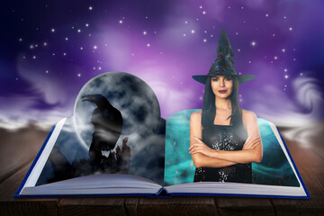 Fantasy world. Open book of fairytales with witch and black crow on pages
