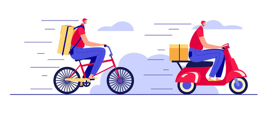 Color vector illustration in flat style isolated on white background. Fast food delivery by courier. Set of food delivery man on a scooter and on a bike. Design for a web page for ordering food online