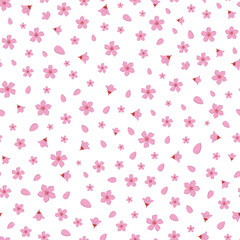 Vector beautiful pink cherry blossom flowers and petal seamless pattern background on white surface. Great use for fabric, wallpaper, giftwrap, home decor items, wellbeing etc.