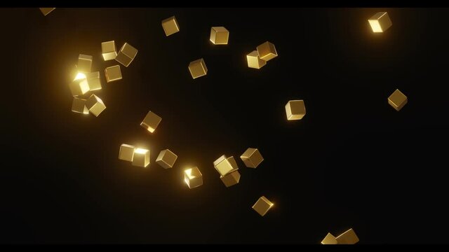 Golden, shiny cubes arrive from different directions and combine to form the inscription 2021 - a symbol of the New Year. 4k video. 3d render