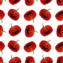 Hallowen seamless pattern with pumpkin on white background. Watercolor illustration