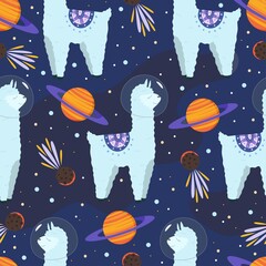 Space seamless pattern with cute animals, planets and comets. Vector cartoon cosmos illustration with llamas or alpacas. Colorful childish design for wallpaper, textile.