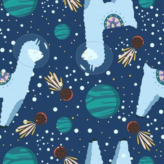 Cosmic seamless pattern, cute llamas or alpaca astronaut in space. Comets, stars and funny animal background. Vector illustration for wallpaper, print, textile. Childish design.