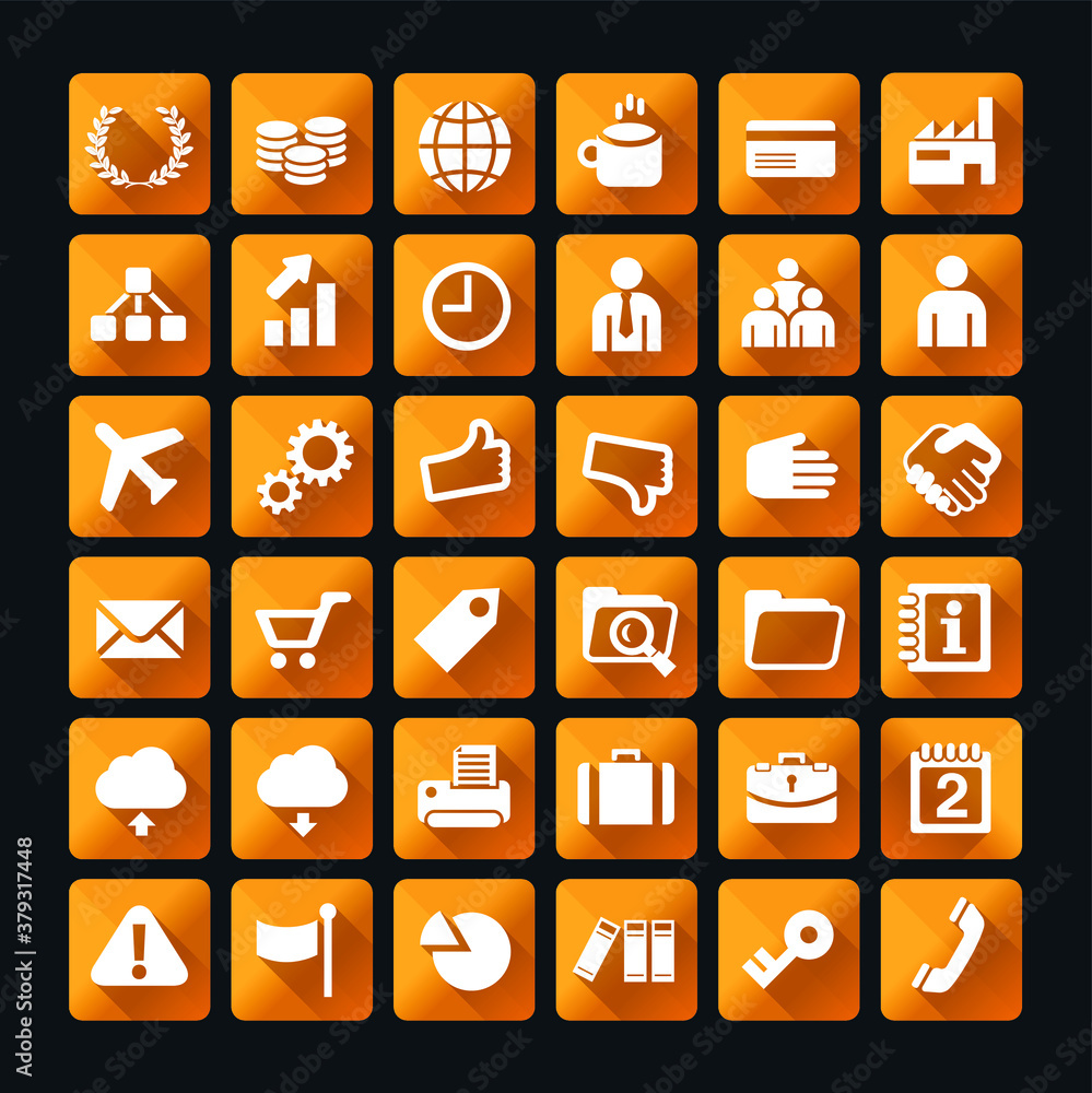 Aufkleber set of flat universal white icons with shadows on realistic colorful button on black background . is