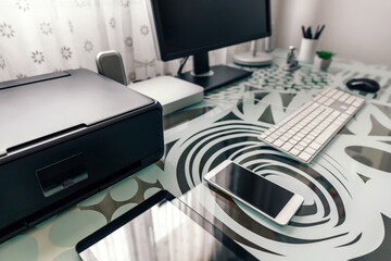 Tidy workstation with table and technological devices