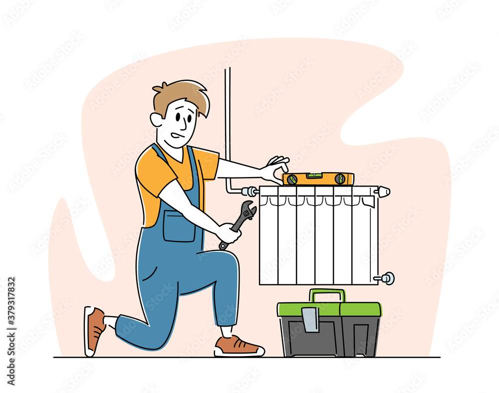 Poster plumbers service, heating pipes replacement. worker with spanner and level tools installing house he