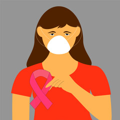 women holding pink ribbon with wearing medical face mask, Breast Cancer awareness, coronavirus, covid-19.