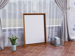 Blank Photo Frame Realistic Mockup on The Floor. 3D Rendering, 3D illustration.