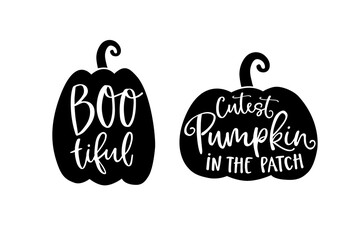 Obraz premium Set of cute Halloween holiday greeting cards, invitations with hand drawn black silhouette of pumpkins and white hand-lettered text. Vector illustration background. Craft cut files design.