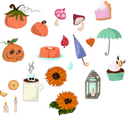 Everything fall related mushroom, leafs, pumpkins template set. Cartoon autumn vector illustration template on pastel purple background for games, pattern, decor. Print for fabrics and other surfaces