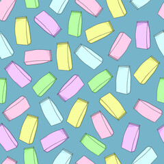 Cartoon milk bags or coffee packages seamless pattern template. Vector illustration on pastel blue background for games, wallpaper, decor. Print for fabrics and other surfaces.