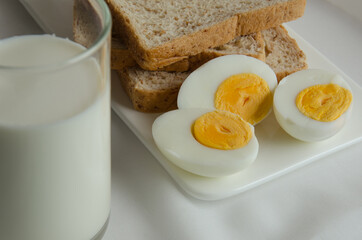 Sliced Whole Wheat Bread, Boiled Egg and Milk for Breakfast.