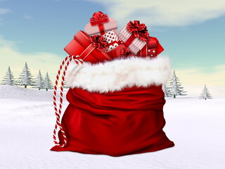 Big Santa Claus bag for christmas in winter landscape- 3D render