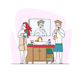 Couple Morning Hygiene Procedure in Bathroom. Woman and Man front of Mirror Drying Hair and Brushing Teeth after Bath